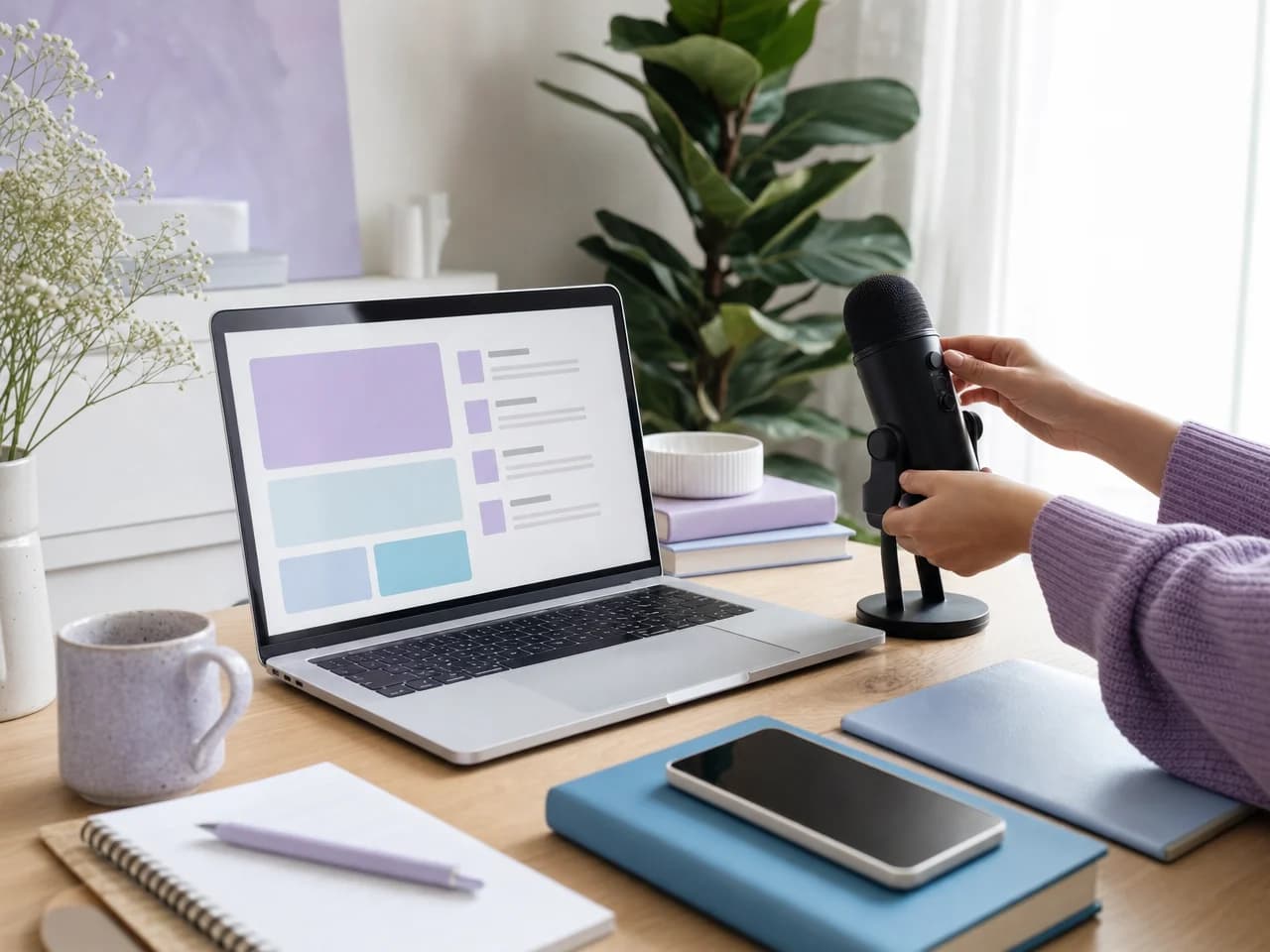 Creator studio desk with a laptop showing a lesson outline