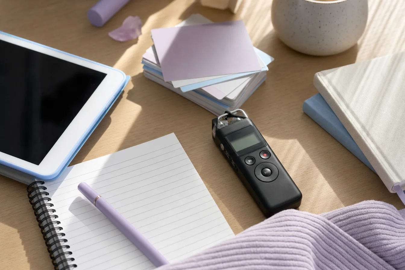 Creator course kit: notebook, audio recorder and lesson cards on a desk